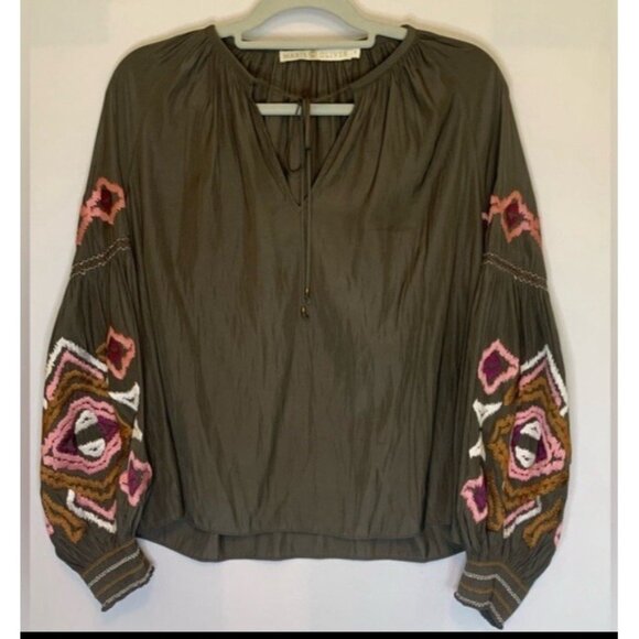 MARIE OLIVER Embroidered Peasant Blouse Olive  Boho Long Sleeve Tie Neck Size S - Picture 1 of 11